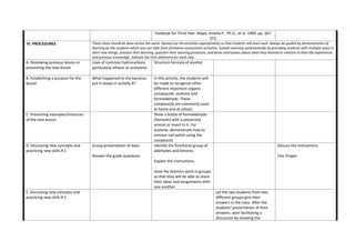 Textbook for Third Year. Mapa, Amelia P., Ph.D., et al. 1999. pp. 367-
373.
IV. PROCEDURES These steps should be done across the week. Spread out the activities appropriately so that students will learn well. Always be guided by demonstration of
learning by the students which you can infer from formative assessment activities. Sustain learning systematically by providing students with multiple ways to
learn new things, practice their learning, question their learning processes, and draw conclusions about what they learned in relation to their life experiences
and previous knowledge. Indicate the time allotment for each step.
A. Reviewing previous lesson or
presenting the new lesson
Uses of common hydrocarbons
particularly ethyne or acetylene.
Structure formula of alcohol
B. Establishing a purpose for the
lesson
What happened to the bananas
put in boxes in activity 4?
In this activity, the students will
be made to recognize other
different important organic
compounds: acetone and
formaldehyde. These
compounds are commonly used
at home and at school.
C. Presenting examples/Instances
of the new lesson
Show a bottle of formaldehyde
(formalin) with a preserved
animal or insect in it. For
acetone, demonstrate how to
remove nail polish using the
compound.
D. Discussing new concepts and
practicing new skills # 1
Group presentation of data.
Answer the guide questions.
Identify the functional group of
aldehydes and ketones
Explain the instructions.
Have the learners work in groups
so that they will be able to share
their ideas and assignments with
one another.
Discuss the instructions.
Test Proper
E. Discussing new concepts and
practicing new skills # 2
Let the two students from two
different groups give their
answers in the class. After the
students’ presentation of their
answers, start facilitating a
discussion by showing the
 