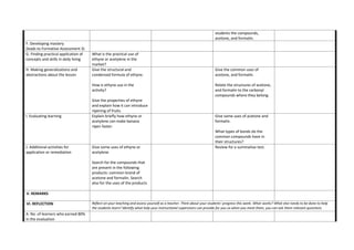 students the compounds,
acetone, and formalin.
F. Developing mastery
(leads to Formative Assessment 3)
G. Finding practical application of
concepts and skills in daily living
What is the practical use of
ethyne or acetylene in the
market?
H. Making generalizations and
abstractions about the lesson
Give the structural and
condensed formula of ethyne.
How is ethyne use in the
activity?
Give the properties of ethyne
and explain how it can introduce
ripening of fruits.
Give the common uses of
acetone, and formalin.
Relate the structures of acetone,
and formalin to the carbonyl
compounds where they belong.
I. Evaluating learning Explain briefly how ethyne or
acetylene can make banana
ripen faster.
Give some uses of acetone and
formalin.
What types of bonds do the
common compounds have in
their structures?
J. Additional activities for
application or remediation
Give some uses of ethyne or
acetylene.
Search for the compounds that
are present in the following
products: common brand of
acetone and formalin. Search
also for the uses of the products
Review for a summative test.
V. REMARKS
VI. REFLECTION Reflect on your teaching and assess yourself as a teacher. Think about your students’ progress this week. What works? What else needs to be done to help
the students learn? Identify what help your instructional supervisors can provide for you so when you meet them, you can ask them relevant questions.
A. No. of learners who earned 80%
in the evaluation
 