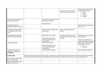 Relate the mass of the object to
the number of pieces per item?
Solve for the molecular mass of
the following compounds:
1. CaCO3
2. C2H5OH
3. (C2H5)2O
4. Al2(SO4)3
E. Discussing new concepts and
practicing new skills # 2
Discuss what to remember when
performing the activity.
Perform Activity 1
F. Developing mastery
(leads to Formative Assessment
3)
Solve for the molecular mass of
CuSO4 . 5H2O
G. Finding practical application
of concepts and skills in daily
living
Importance of knowing accurate
measurement
How is mass being used in the
market?
H. Making generalizations and
abstractions about the lesson
What are the units of mass?
How will you determine the
correct significant figure in
measurement?
How will you relate the mass of
the object to the number of pieces
per item?
Differentiate atomic mass from
molecular mass?
How do you compute for the
molecular mass of a compound?
I. Evaluating learning Give two units of mass.
How will you determine the
correct significant figure in
measurement?
Solve for the molecular mass of
the following compounds:
1. H2O
2. (NH4)3 PO4
J. Additional activities for
application or remediation
Answer the guide questions. What is Avogadro’s Number?
V. REMARKS
VI. REFLECTION Reflect on your teaching and assess yourself as a teacher. Think about your students’ progress this week. What works? What else needs to be done to help the
students learn? Identify what help your instructional supervisors can provide for you so when you meet them, you can ask them relevant questions.
A. No. of learners who earned
80% in the evaluation
B. No. of learners who require
additional activities for
 