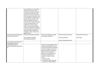Let us compare it in a classroom
situation. You are 50 in your
section with 21 boys and 29 girls.
If you will be asked how many
percent of the class are boys and
how many percent are girls, how
are you going to compute for the
answer? If your answer is 42%
boys and 58% girls, you got it
correctly! Let us have an example
for the compound which is so
important to all of us, water
(H2O). The computation below
shows the molar mass of water. If
you will be asked to compute for
the percentage of oxygen and
hydrogen in water, how are you
going to do it?
D. Discussing new concepts and
practicing new skills # 1
Discuss percentage composition.
Solve problems involving
percentage composition.
Solve more problems involving
percentage composition.
Perform Activity 7 by group.
Group presentation
Answer the guide questions.
Discuss the instructions.
Test Proper
E. Discussing new concepts and
practicing new skills # 2
F. Developing mastery
(leads to Formative Assessment
3)
Soil that is already depleted with
nutrients needs fertilizer. One of
the nutrients needed to replenish
the soil is nitrogen. If you are an
agricultural technician helping a
farmer, which among these
fertilizers are you going to use.
Show your computations to
convince the farmer of your
choice.
a. ammonia (NH3)
b. ammonium sulfate (NH4)2SO4
c. ammonium nitrate, NH4NO3
 