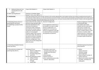 4. Additional Materials from
Learning Resource (LR)
portal
Project EASE Module 11 Project EASE Module 11
B. Other Learning Resource Chemistry III Textbook. Mapa,
Amelia P., Ph.D., et al. 2001 p. 73
IV. PROCEDURES These steps should be done across the week. Spread out the activities appropriately so that students will learn well. Always be guided by demonstration of
learning by the students which you can infer from formative assessment activities. Sustain learning systematically by providing students with multiple ways to
learn new things, practice their learning, question their learning processes, and draw conclusions about what they learned in relation to their life experiences
and previous knowledge. Indicate the time allotment for each step.
A. Reviewing previous lesson or
presenting the new lesson
How to determine the number of
electrons using a periodic table
Electronic Configuration Review arrangement of elements
in the periodic table.
B. Establishing a purpose for the
lesson
Recall the developments that
have led to the quantum
mechanical model. Emphasize
that while the nuclear model is
still popular among the general
public, it is not accepted
scientific model of the structure
of the atom today. We shall use
the atomic structure in locating
electrons in a system known as
electronic configuration. Every
electron has its own energy level
within the atom.
The arrangement of electrons in
the orbitals of an atom is called
electron configuration. It is
important for us to work out
electron arrangement to be able
to understand more and predict
the properties of elements.
Ask students their house
numbers and the street where
their house is located. This
identifies the location of their
house. A similar scheme is used
for atoms. A number called
valence electrons is required by
atoms indicating their capability
to accept or give off electrons.
C. Presenting examples/Instances
of the new lesson
Identify the group and period of
some elements
D. Discussing new concepts and
practicing new skills # 1
Unlocking of Terms:
1. Electron configuration
2. Valence electrons
3. Principal energy levels
4. Sub-levels
Discuss the following principles:
1. Aufbau Principle
2. Pauli’s Exclusion
Principle
3. Hund’s Rule
 Describe an atom by its
principal energy level, sub-
energy levels and atomic
orbitals.
 Give examples.
 Perform Activity 3.
 Post activity discussion on the
students’ observation.
 Define:
Valence electrons
Ionization energy
electronegativity
 Determining the number of
valence electrons.
 Observe the valence electrons
of metals, nonmetals and
noble gases.
 