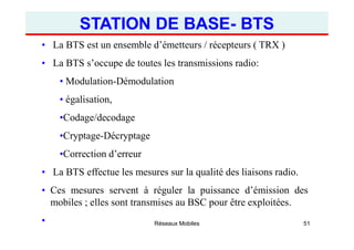 • La BTS est un ensemble d’émetteurs / récepteurs ( TRX )
• La BTS s’occupe de toutes les transmissions radio:
• Modulatio...