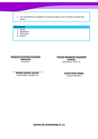  Los estudiantes completan el diario de Jenny con la forma correcta del
verbo.
RECURSOS
1. Slides
2. Papelotes
3. Plumones
4. Pizarra
SESION DE APRENDIZAJE N° 25
____________________
SULIN CRUZ NUNJA
English Teacher
OSCAR ARMANDO VALVERDE
VARGAS
Sub Direct. Form. G
_________________________________
PEDRO JUAREZ SUYON
Coordinador académico
HIRAYDA FELICITAS BLÁCIDO
ENRIQUEZ
Directora
 