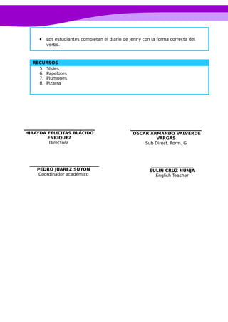  Los estudiantes completan el diario de Jenny con la forma correcta del
verbo.
RECURSOS
5. Slides
6. Papelotes
7. Plumones
8. Pizarra
____________________
SULIN CRUZ NUNJA
English Teacher
OSCAR ARMANDO VALVERDE
VARGAS
Sub Direct. Form. G
_________________________________
PEDRO JUAREZ SUYON
Coordinador académico
HIRAYDA FELICITAS BLÁCIDO
ENRIQUEZ
Directora
 