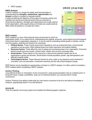  PEST analysis
SWOT Analysis
A SWOT analysis is a simple but widely used tool that helps in
understanding the strengths, weaknesses, opportunities and
threats involved in a project or business activity.
It starts by defining the objective of the project or business activity and
identifies the internal and external factors that are important to
achieving that objective. strengths and weaknesses are usually internal
to the organisation, while opportunities and threats are usually external.
Often these are plotted on a simple 2x2 matrix.
PEST analysis
PEST analysis is a scan of the external macro-environment in which an
organisation exists. It is a useful tool for understanding the political, economic, socio-cultural and technological
environment that an organisation operates in. It can be used for evaluating market growth or decline, and as
such the position, potential and direction for a business.
 Political factors. These include government regulations such as employment laws, environmental
regulations and tax policy. Other political factors are trade restrictions and political stability.
 Economic factors. These affect the cost of capital and purchasing power of an organisation. Economic
factors include economic growth, interest rates, inflation and currency exchange rates.
 Social factors. These impact on the consumer’s need and the potential market size for an
organisation’s goods and services. Social factors include population growth, age demographics and
attitudes towards health.
 Technological factors. These influence barriers to entry, make or buy decisions and investment in
innovation, such as automation, investment incentives and the rate of technological change.
PEST factors can be classified as opportunities or threats in a SWOT analysis. It is often useful to complete a
PEST analysis before completing a SWOT analysis.
Intuitive Thinking
Jung defined intuition as "perception via the unconscious": using sense-perception only as a starting point, to
bring forth ideas, images, possibilities, ways out of a blocked situation, by a process that is mostly
unconscious.
Intuitive Thinking is the ability to take what you may sense or perceive to be true and without knowledge or
evidence, appropriately factor it in to final decision.
Activity #2:
Think of a specific community project and complete the following graphic organizer.
 