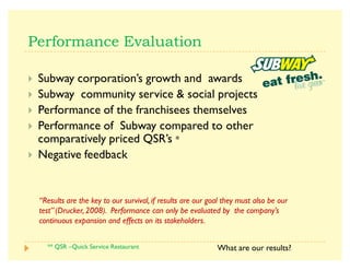 $  - 
A Subway corporation·s growth and awards
A Subway community service  social projects
A Performance of the franchisees themselves
A Performance of Subway compared to other
comparatively priced QSR·s *
A Negative feedback
What are our results?
^                   
 $!,-         + 
    (          
** QSR ²Quick Service Restaurant
 