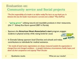 -  
]      .
A ^    utilizing natural and recyclable products in their restaurants,
(the 1st  Eco-Store opened 2007 in Florida)
A Sponsors the          program, engages
students in physical activity while raising funds for cause
A In Grenada Subway sponsors local Charities and schools and makes
contributions to individuals for medical assistance.
What are our results?
´                           
       /    +            
        -$
^a             a       0 
              µ Max DePree
Qualitative results
 