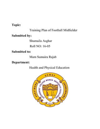 Topic:
Training Plan of Football Midfielder
Submitted by:
Shumaila Asghar
Roll NO: 16-05
Submitted to:
Mam Sumaira Rajab
Department:
Health and Physical Education
 