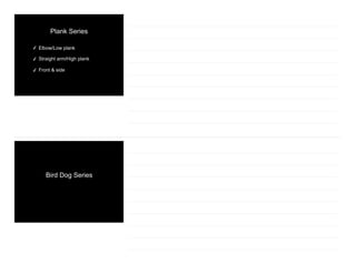 Plank Series
✓ Elbow/Low plank
✓ Straight arm/High plank
✓ Front & side
Bird Dog Series
 