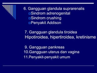 6. Gangguan glandula suprarenalis
Sindrom adrenogenital
Sindrom crushing
Penyakit Addison
7. Gangguan glandula tiroidea
Hipotiroidea, hipertiroidea, kretinisme
9. Gangguan pankreas
10.Gangguan uterus dan vagina
11.Penyakit-penyakit umum
 