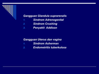 Gangguan Glandula suprarenalis
1. Sindrom Adrenogenital
2. Sindrom Crushing
3. Penyakit Addison
Gangguan Uterus dan vagina
1. Sindrom Asherman
2. Endometritis tuberkulosa
 