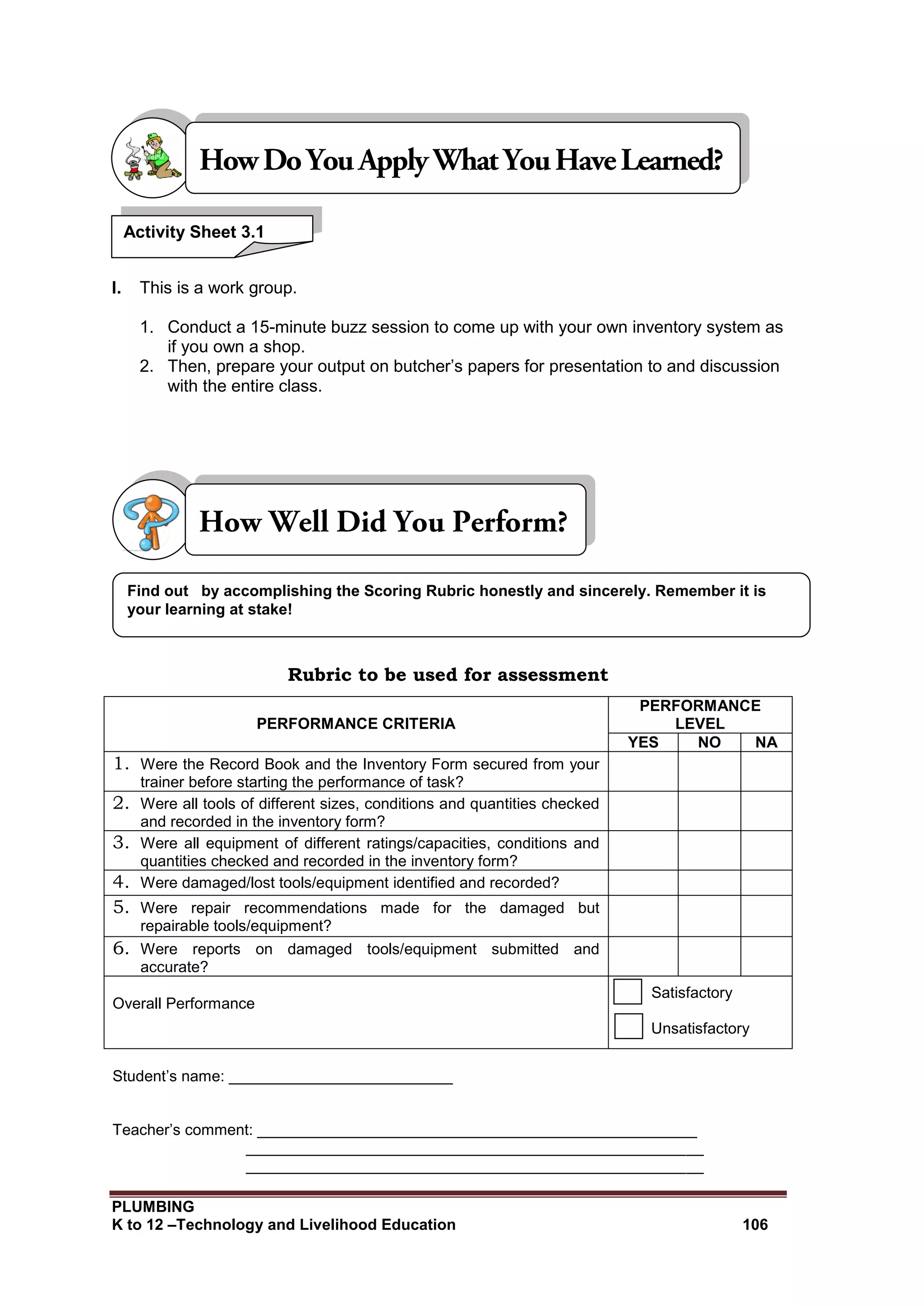 PLUMBING
K to 12 –Technology and Livelihood Education 106
I. This is a work group.
1. Conduct a 15-minute buzz session to come up with your own inventory system as
if you own a shop.
2. Then, prepare your output on butcher’s papers for presentation to and discussion
with the entire class.
Rubric to be used for assessment
PERFORMANCE CRITERIA
PERFORMANCE
LEVEL
YES NO NA
1. Were the Record Book and the Inventory Form secured from your
trainer before starting the performance of task?
2. Were all tools of different sizes, conditions and quantities checked
and recorded in the inventory form?
3. Were all equipment of different ratings/capacities, conditions and
quantities checked and recorded in the inventory form?
4. Were damaged/lost tools/equipment identified and recorded?
5. Were repair recommendations made for the damaged but
repairable tools/equipment?
6. Were reports on damaged tools/equipment submitted and
accurate?
Overall Performance
Satisfactory
Unsatisfactory
Student’s name: __________________________
Teacher’s comment: ___________________________________________________
_____________________________________________________
_____________________________________________________
Find out by accomplishing the Scoring Rubric honestly and sincerely. Remember it is
your learning at stake!
Activity Sheet 3.1
 