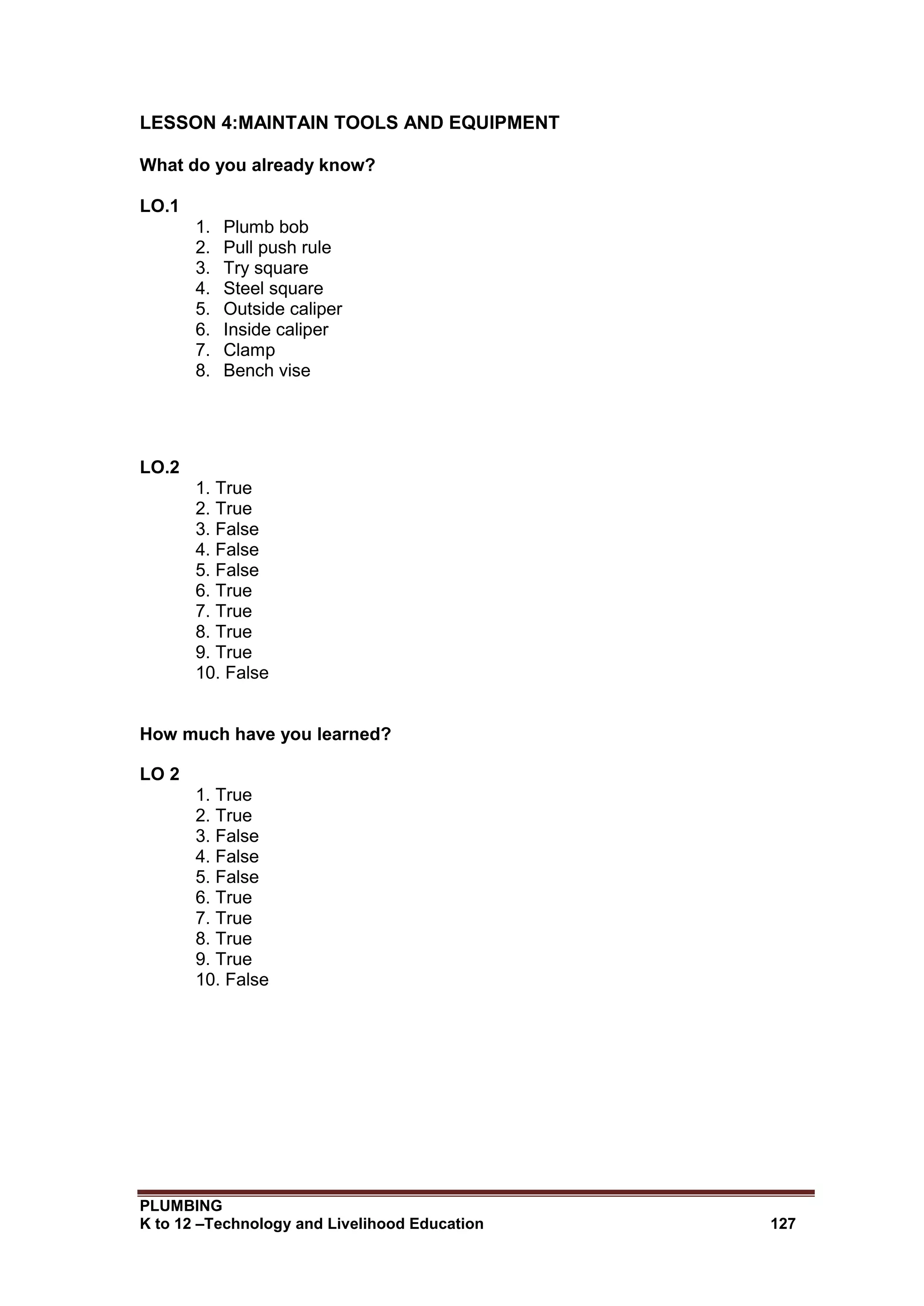 PLUMBING
K to 12 –Technology and Livelihood Education 127
LESSON 4:MAINTAIN TOOLS AND EQUIPMENT
What do you already know?
LO.1
1. Plumb bob
2. Pull push rule
3. Try square
4. Steel square
5. Outside caliper
6. Inside caliper
7. Clamp
8. Bench vise
LO.2
1. True
2. True
3. False
4. False
5. False
6. True
7. True
8. True
9. True
10. False
How much have you learned?
LO 2
1. True
2. True
3. False
4. False
5. False
6. True
7. True
8. True
9. True
10. False
 