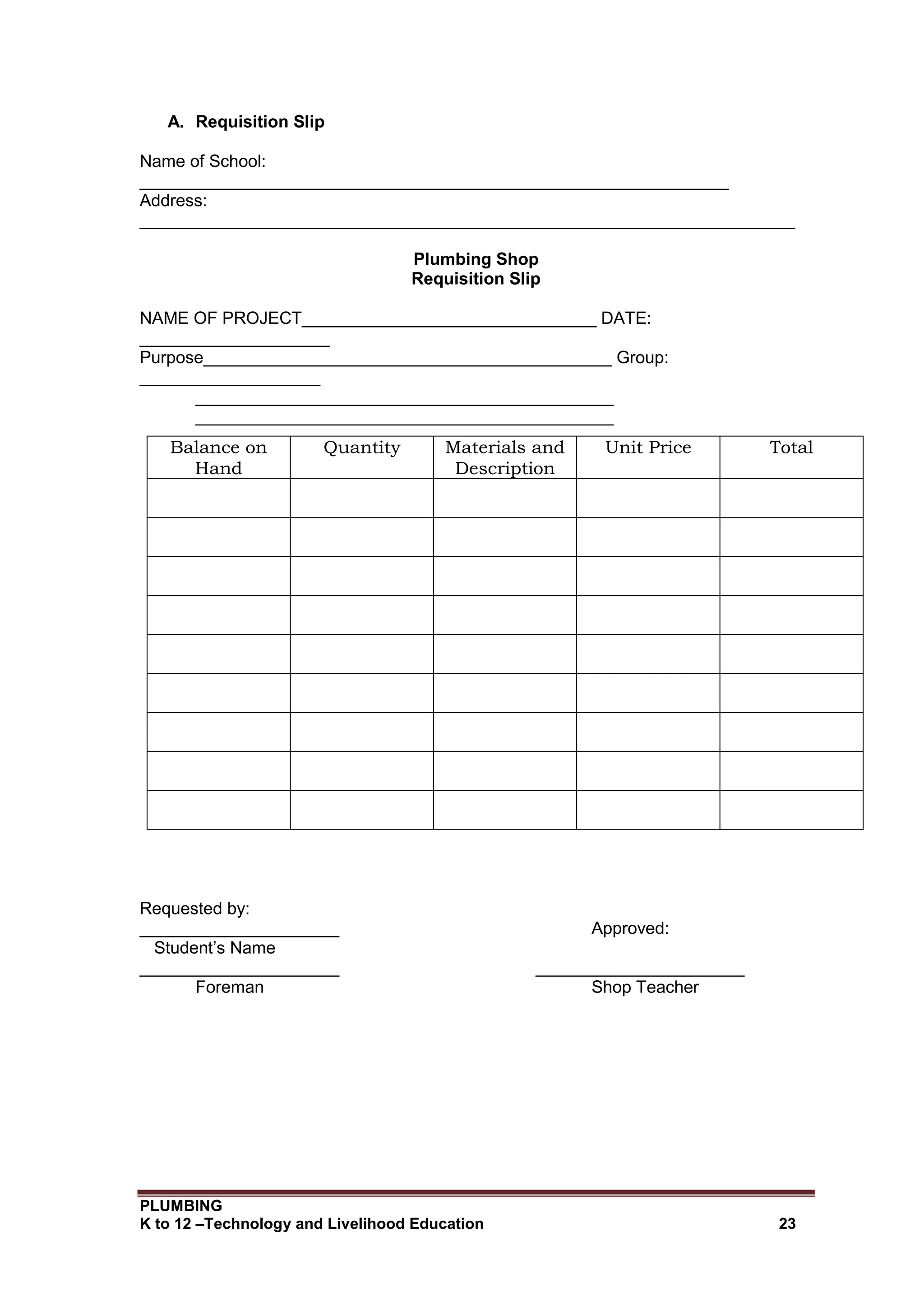 PLUMBING
K to 12 –Technology and Livelihood Education 23
A. Requisition Slip
Name of School:
______________________________________________________________
Address:
_____________________________________________________________________
Plumbing Shop
Requisition Slip
NAME OF PROJECT_______________________________ DATE:
____________________
Purpose___________________________________________ Group:
___________________
____________________________________________
____________________________________________
Balance on
Hand
Quantity Materials and
Description
Unit Price Total
Requested by:
_____________________ Approved:
Student’s Name
_____________________ ______________________
Foreman Shop Teacher
 