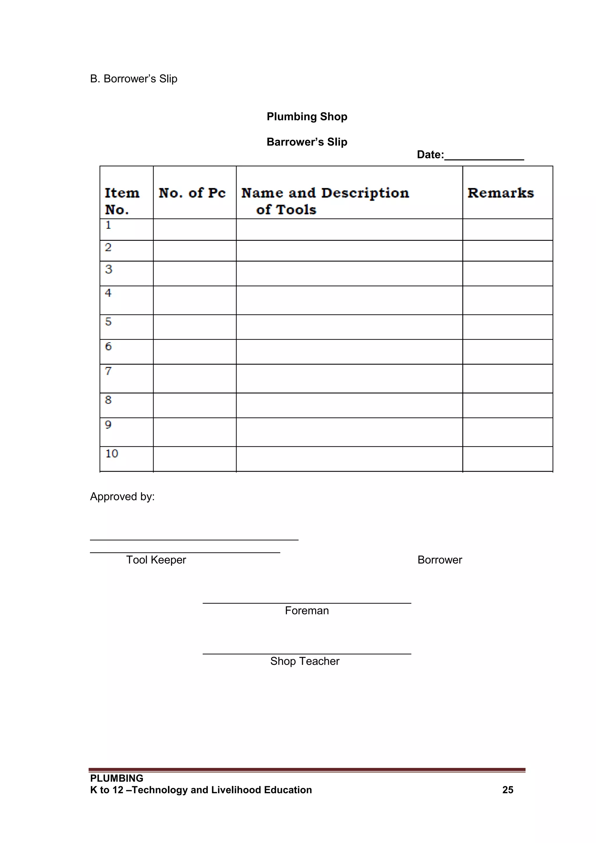 PLUMBING
K to 12 –Technology and Livelihood Education 25
B. Borrower’s Slip
Plumbing Shop
Barrower’s Slip
Date:_____________
Approved by:
__________________________________
_______________________________
Tool Keeper Borrower
__________________________________
Foreman
__________________________________
Shop Teacher
 