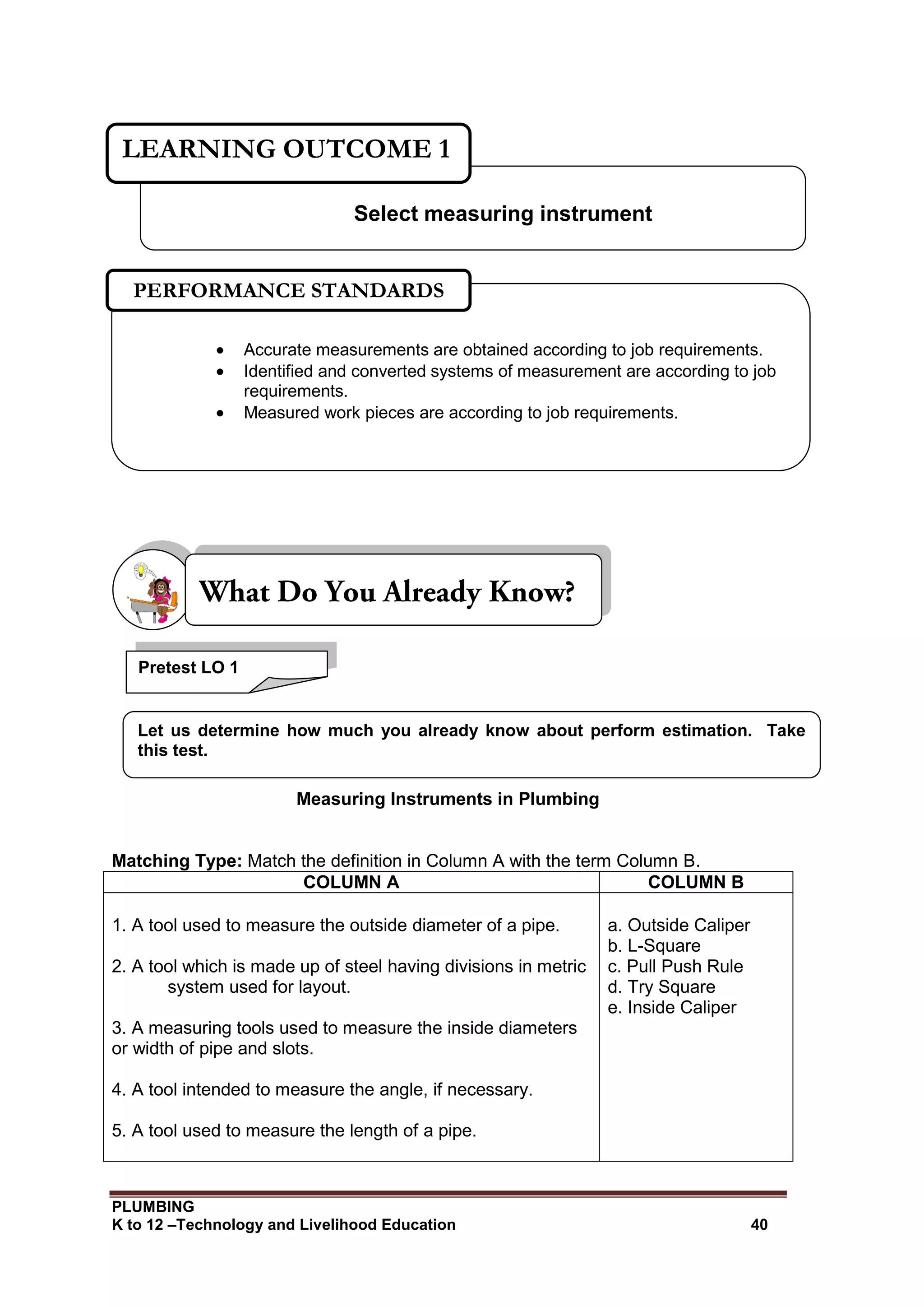 PLUMBING
K to 12 –Technology and Livelihood Education 40
Measuring Instruments in Plumbing
Matching Type: Match the definition in Column A with the term Column B.
COLUMN A COLUMN B
1. A tool used to measure the outside diameter of a pipe.
2. A tool which is made up of steel having divisions in metric
system used for layout.
3. A measuring tools used to measure the inside diameters
or width of pipe and slots.
4. A tool intended to measure the angle, if necessary.
5. A tool used to measure the length of a pipe.
a. Outside Caliper
b. L-Square
c. Pull Push Rule
d. Try Square
e. Inside Caliper
Select measuring instrument
LEARNING OUTCOME 1
 Accurate measurements are obtained according to job requirements.
 Identified and converted systems of measurement are according to job
requirements.
 Measured work pieces are according to job requirements.
PERFORMANCE STANDARDS
Pretest LO 1
Let us determine how much you already know about perform estimation. Take
this test.
 