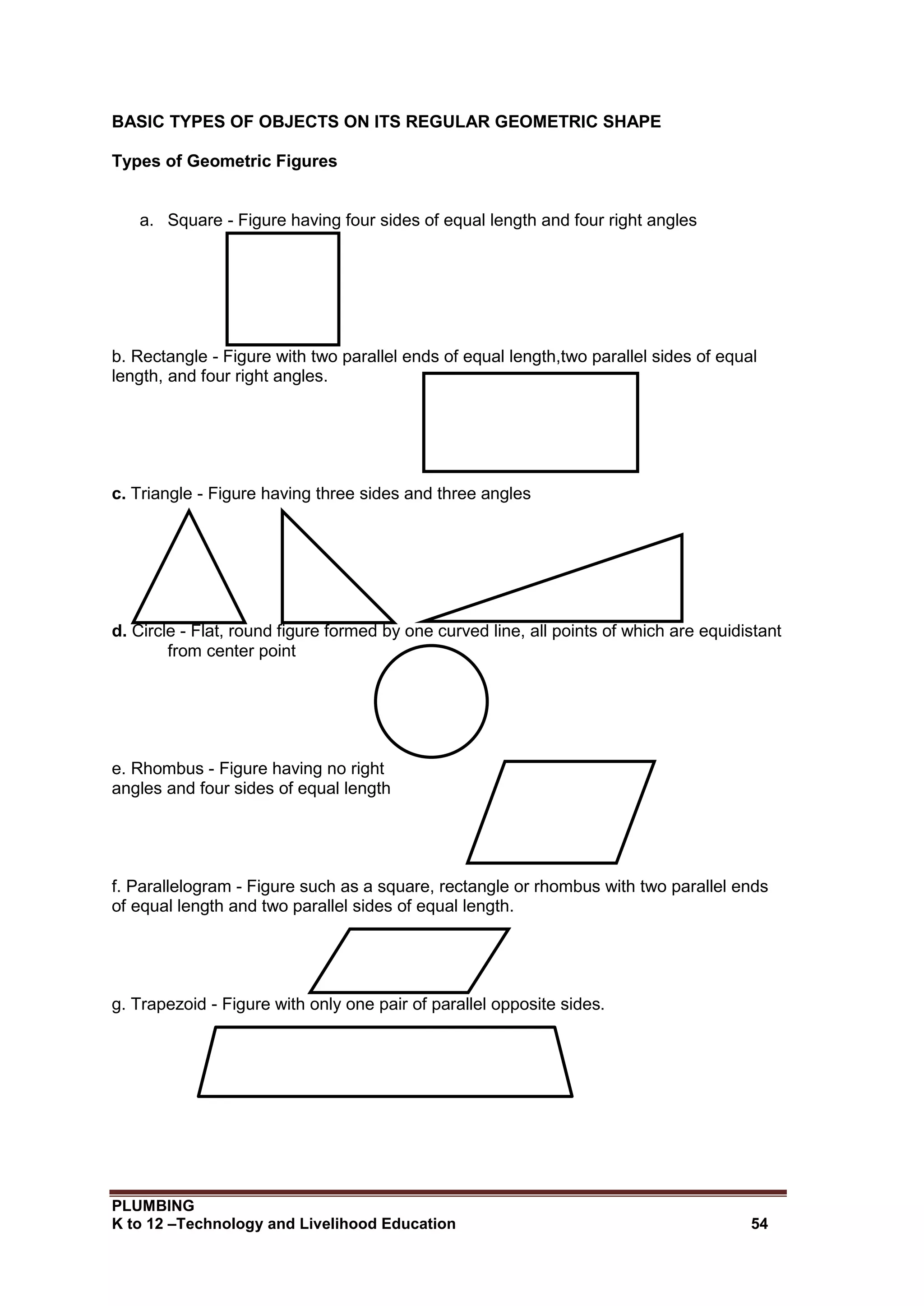 PLUMBING
K to 12 –Technology and Livelihood Education 54
BASIC TYPES OF OBJECTS ON ITS REGULAR GEOMETRIC SHAPE
Types of Geometric Figures
a. Square - Figure having four sides of equal length and four right angles
b. Rectangle - Figure with two parallel ends of equal length,two parallel sides of equal
length, and four right angles.
c. Triangle - Figure having three sides and three angles
d. Circle - Flat, round figure formed by one curved line, all points of which are equidistant
from center point
e. Rhombus - Figure having no right
angles and four sides of equal length
f. Parallelogram - Figure such as a square, rectangle or rhombus with two parallel ends
of equal length and two parallel sides of equal length.
g. Trapezoid - Figure with only one pair of parallel opposite sides.
 