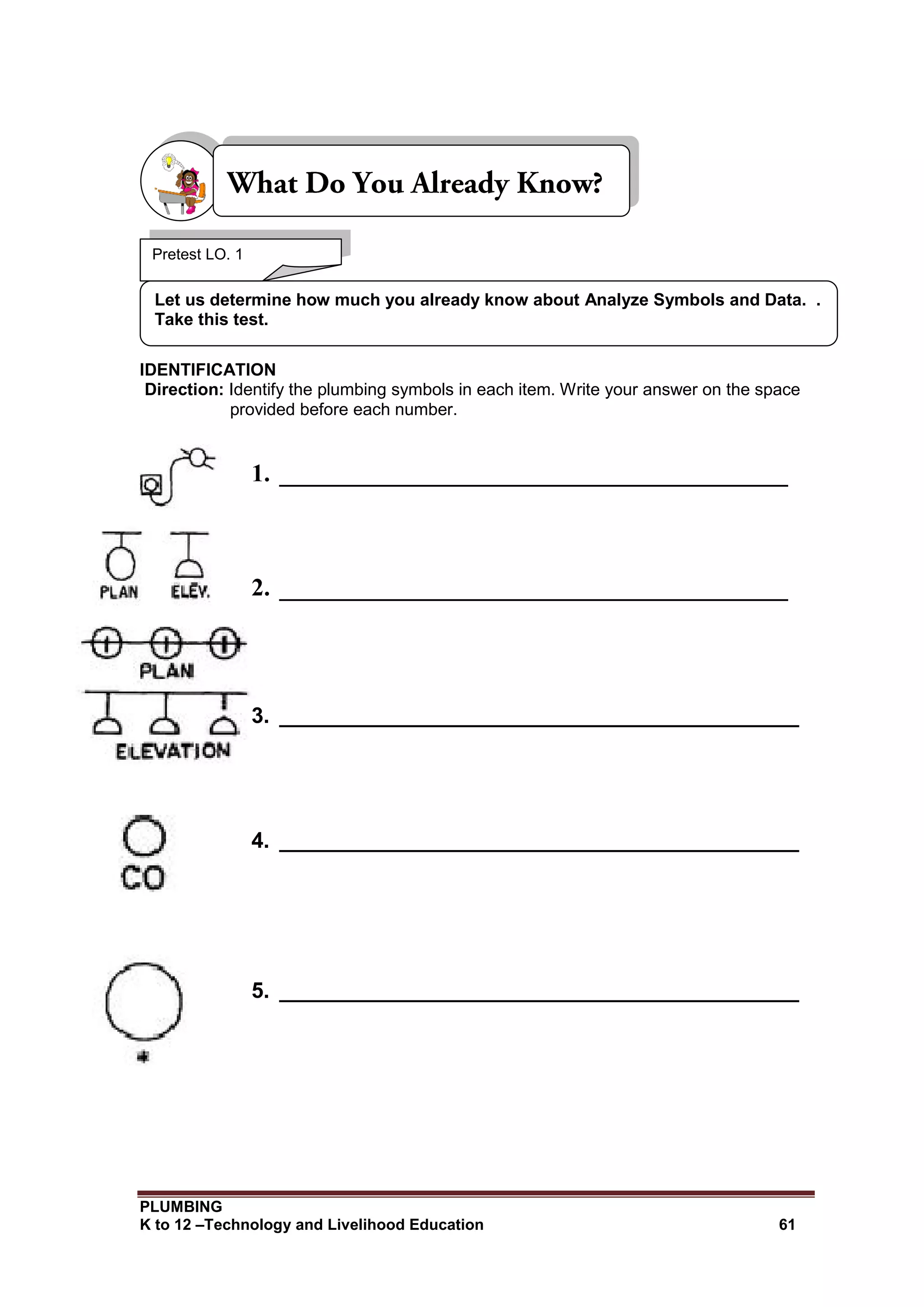 PLUMBING
K to 12 –Technology and Livelihood Education 61
IDENTIFICATION
Direction: Identify the plumbing symbols in each item. Write your answer on the space
provided before each number.
1. _________________________________________
2. _________________________________________
3. ___________________________________________
4. ___________________________________________
5. ___________________________________________
Let us determine how much you already know about Analyze Symbols and Data. .
Take this test.
Pretest LO. 1
 