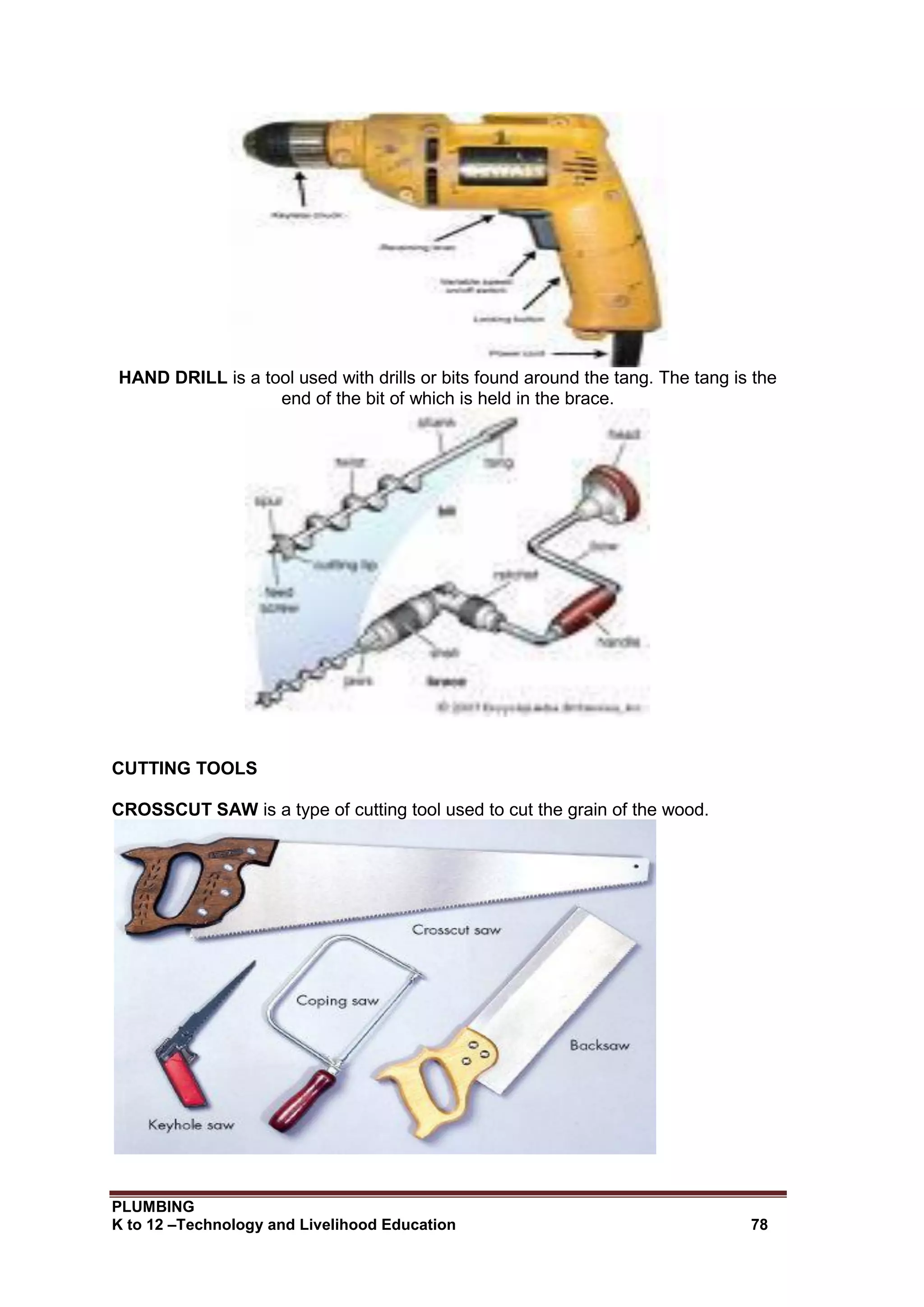 PLUMBING
K to 12 –Technology and Livelihood Education 78
HAND DRILL is a tool used with drills or bits found around the tang. The tang is the
end of the bit of which is held in the brace.
CUTTING TOOLS
CROSSCUT SAW is a type of cutting tool used to cut the grain of the wood.
 