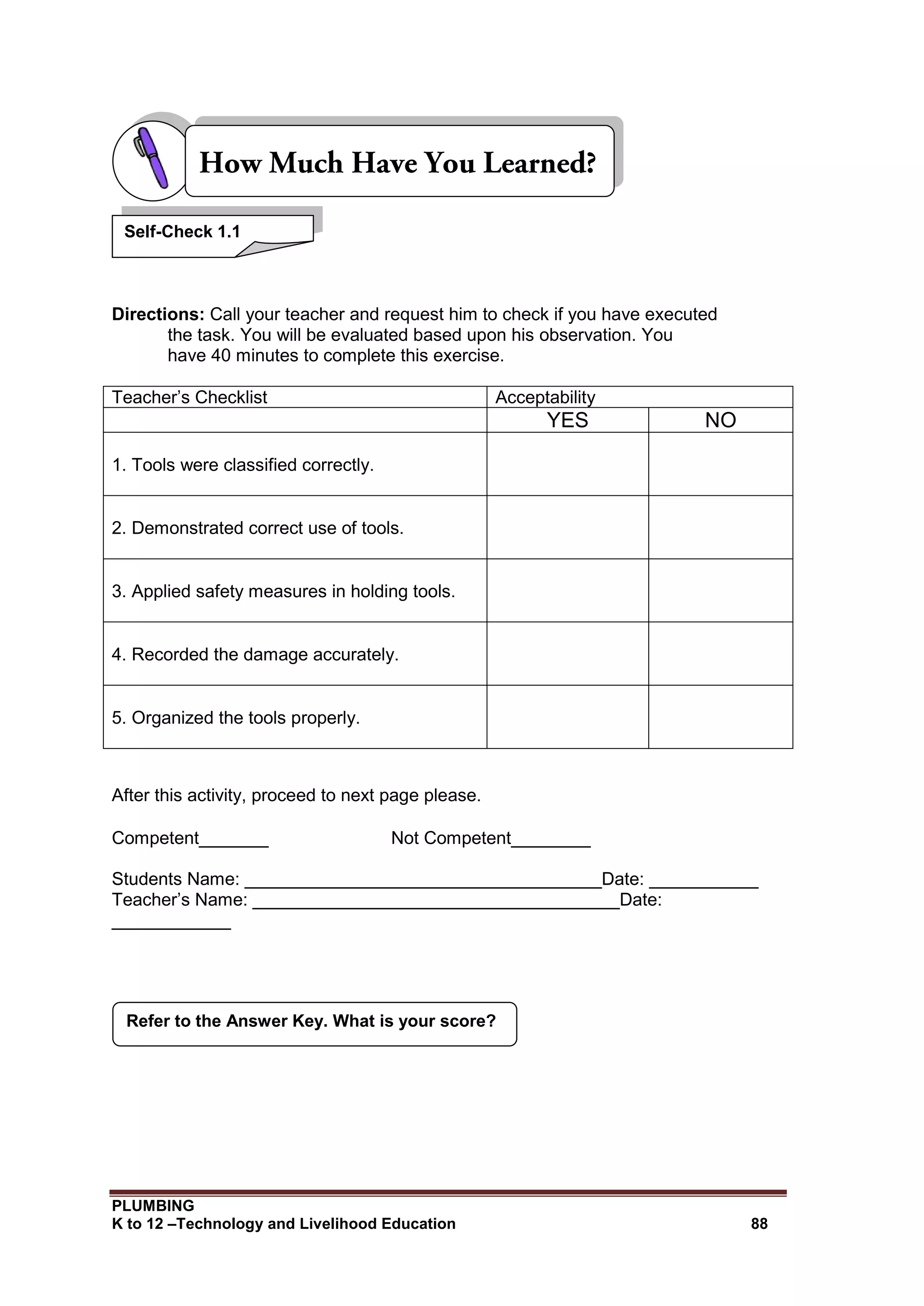 PLUMBING
K to 12 –Technology and Livelihood Education 88
Directions: Call your teacher and request him to check if you have executed
the task. You will be evaluated based upon his observation. You
have 40 minutes to complete this exercise.
Teacher’s Checklist Acceptability
YES NO
1. Tools were classified correctly.
2. Demonstrated correct use of tools.
3. Applied safety measures in holding tools.
4. Recorded the damage accurately.
5. Organized the tools properly.
After this activity, proceed to next page please.
Competent_______ Not Competent________
Students Name: ____________________________________Date: ___________
Teacher’s Name: _____________________________________Date:
____________
Refer to the Answer Key. What is your score?
Self-Check 1.1
 