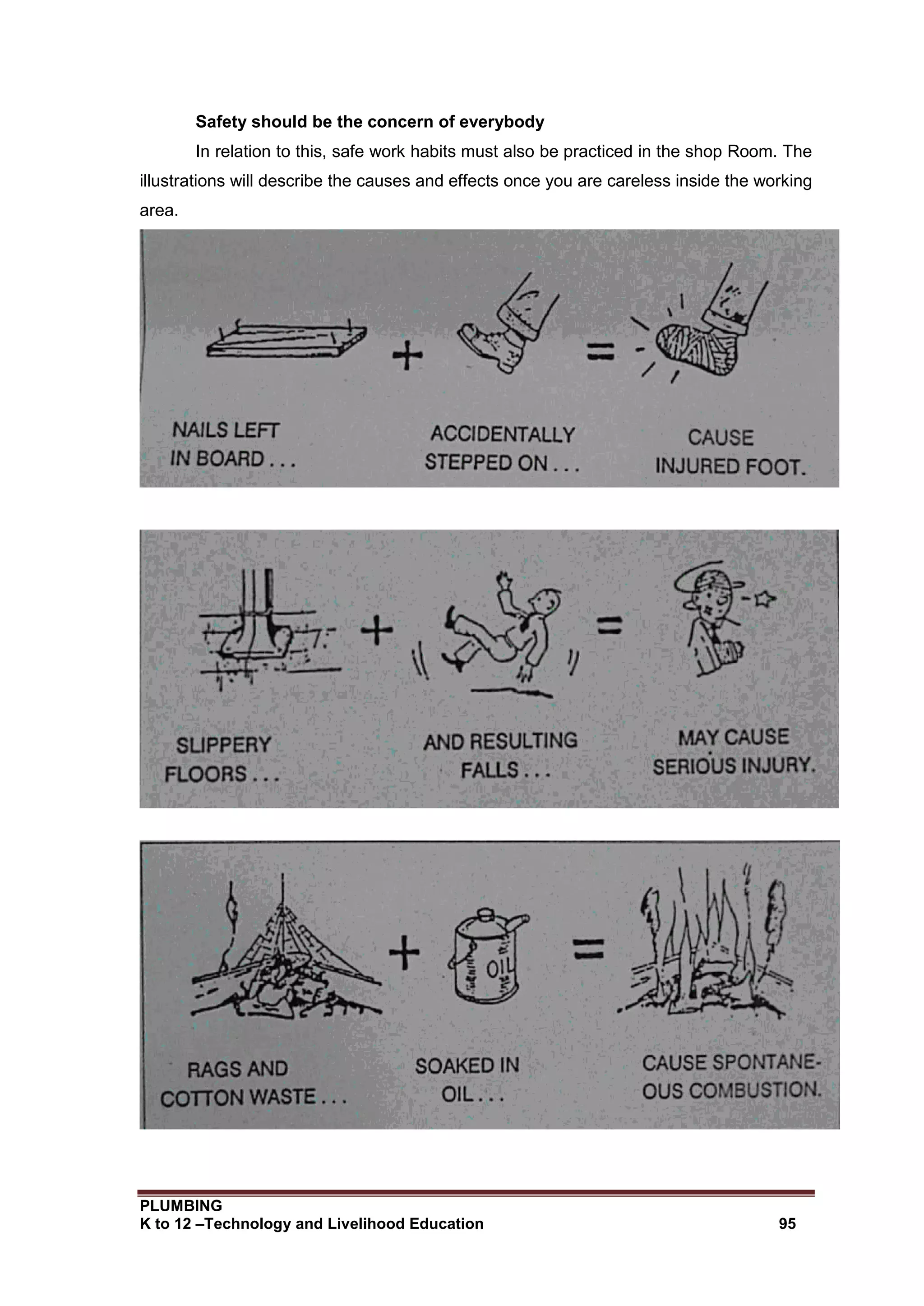 PLUMBING
K to 12 –Technology and Livelihood Education 95
Safety should be the concern of everybody
In relation to this, safe work habits must also be practiced in the shop Room. The
illustrations will describe the causes and effects once you are careless inside the working
area.
 