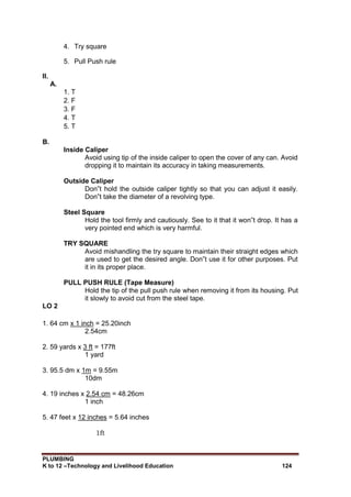 PLUMBING
K to 12 –Technology and Livelihood Education 124
4. Try square
5. Pull Push rule
II.
A.
1. T
2. F
3. F
4. T
5. T
B.
Inside Caliper
Avoid using tip of the inside caliper to open the cover of any can. Avoid
dropping it to maintain its accuracy in taking measurements.
Outside Caliper
Don‟t hold the outside caliper tightly so that you can adjust it easily.
Don‟t take the diameter of a revolving type.
Steel Square
Hold the tool firmly and cautiously. See to it that it won‟t drop. It has a
very pointed end which is very harmful.
TRY SQUARE
Avoid mishandling the try square to maintain their straight edges which
are used to get the desired angle. Don‟t use it for other purposes. Put
it in its proper place.
PULL PUSH RULE (Tape Measure)
Hold the tip of the pull push rule when removing it from its housing. Put
it slowly to avoid cut from the steel tape.
LO 2
1. 64 cm x 1 inch = 25.20inch
2.54cm
2. 59 yards x 3 ft = 177ft
1 yard
3. 95.5 dm x 1m = 9.55m
10dm
4. 19 inches x 2.54 cm = 48.26cm
1 inch
5. 47 feet x 12 inches = 5.64 inches
1ft
 