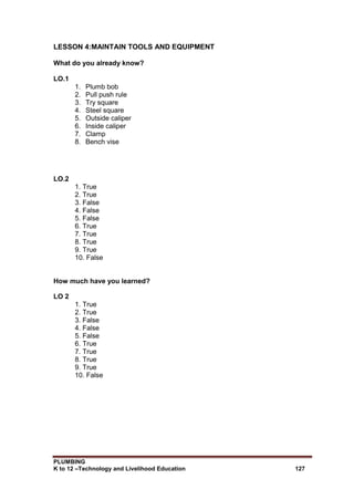 PLUMBING
K to 12 –Technology and Livelihood Education 127
LESSON 4:MAINTAIN TOOLS AND EQUIPMENT
What do you already know?
LO.1
1. Plumb bob
2. Pull push rule
3. Try square
4. Steel square
5. Outside caliper
6. Inside caliper
7. Clamp
8. Bench vise
LO.2
1. True
2. True
3. False
4. False
5. False
6. True
7. True
8. True
9. True
10. False
How much have you learned?
LO 2
1. True
2. True
3. False
4. False
5. False
6. True
7. True
8. True
9. True
10. False
 
