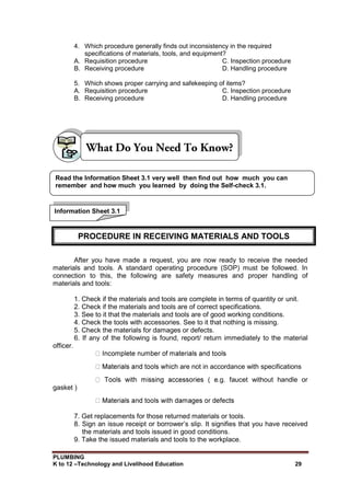PLUMBING
K to 12 –Technology and Livelihood Education 29
4. Which procedure generally finds out inconsistency in the required
specifications of materials, tools, and equipment?
A. Requisition procedure C. Inspection procedure
B. Receiving procedure D. Handling procedure
5. Which shows proper carrying and safekeeping of items?
A. Requisition procedure C. Inspection procedure
B. Receiving procedure D. Handling procedure
After you have made a request, you are now ready to receive the needed
materials and tools. A standard operating procedure (SOP) must be followed. In
connection to this, the following are safety measures and proper handling of
materials and tools:
1. Check if the materials and tools are complete in terms of quantity or unit.
2. Check if the materials and tools are of correct specifications.
3. See to it that the materials and tools are of good working conditions.
4. Check the tools with accessories. See to it that nothing is missing.
5. Check the materials for damages or defects.
6. If any of the following is found, report/ return immediately to the material
officer.
are not in accordance with specifications
.g. faucet without handle or
gasket )
7. Get replacements for those returned materials or tools.
8. Sign an issue receipt or borrower’s slip. It signifies that you have received
the materials and tools issued in good conditions.
9. Take the issued materials and tools to the workplace.
Information Sheet 3.1
Read the Information Sheet 3.1 very well then find out how much you can
remember and how much you learned by doing the Self-check 3.1.
PROCEDURE IN RECEIVING MATERIALS AND TOOLS
 