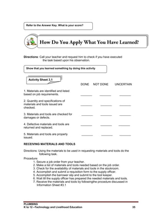 PLUMBING
K to 12 –Technology and Livelihood Education 35
Directions: Call your teacher and request him to check if you have executed
the task based upon his observation.
DONE NOT DONE UNCERTAIN
1. Materials are identified and listed
based on job requirements. _______ _______ _______
2. Quantity and specifications of
materials and tools issued are _______ _______ _______
checked.
3. Materials and tools are checked for _______ _______ _______
damages or defects.
4. Defective materials and tools are _______ _______ _______
returned and replaced.
5. Materials and tools are properly _______ _______ _______
issued.
RECEIVING MATERIALS AND TOOLS
Directions: Using the materials to be used in requesting materials and tools do the
following task.
Procedure:
1. Secure a job order from your teacher.
2. Make a list of materials and tools needed based on the job order.
3. Check for the availability of materials and tools in the stockroom.
4. Accomplish and submit a requisition form to the supply officer.
5. Accomplish the barrower slip and submit to the tool keeper.
6. Wait till the supply officer has prepared the needed materials and tools.
7. Receive the materials and tools by followingthe procedure discussed in
Information Sheet #3.1
Show that you learned something by doing this activity
Refer to the Answer Key. What is your score?
Activity Sheet 3.1
 