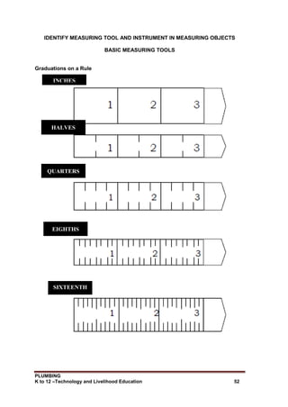 PLUMBING
K to 12 –Technology and Livelihood Education 52
IDENTIFY MEASURING TOOL AND INSTRUMENT IN MEASURING OBJECTS
BASIC MEASURING TOOLS
Graduations on a Rule
INCHES
HALVES
QUARTERS
EIGHTHS
SIXTEENTH
S
 