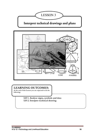 PLUMBING
K to 12 –Technology and Livelihood Education 58
LESSON 3
LO 1. Analyze signs, symbols and data
LO 2. Interpret technical drawing
LEARNING OUTCOMES:
At the end of this Lesson you are expected to do the
following:
30
0
30
0
H
B
A
a
l
t
base
h
h
CONE PYRAMID
 