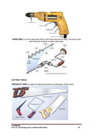 PLUMBING
K to 12 –Technology and Livelihood Education 78
HAND DRILL is a tool used with drills or bits found around the tang. The tang is the
end of the bit of which is held in the brace.
CUTTING TOOLS
CROSSCUT SAW is a type of cutting tool used to cut the grain of the wood.
 