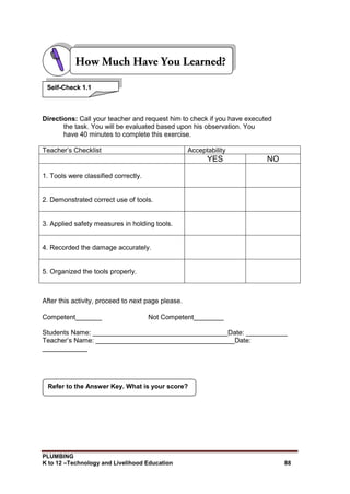 PLUMBING
K to 12 –Technology and Livelihood Education 88
Directions: Call your teacher and request him to check if you have executed
the task. You will be evaluated based upon his observation. You
have 40 minutes to complete this exercise.
Teacher’s Checklist Acceptability
YES NO
1. Tools were classified correctly.
2. Demonstrated correct use of tools.
3. Applied safety measures in holding tools.
4. Recorded the damage accurately.
5. Organized the tools properly.
After this activity, proceed to next page please.
Competent_______ Not Competent________
Students Name: ____________________________________Date: ___________
Teacher’s Name: _____________________________________Date:
____________
Refer to the Answer Key. What is your score?
Self-Check 1.1
 