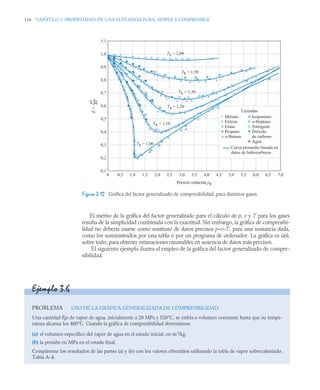 116 CAPITULO 3. PROPIEDADES DE UNA SUSTANCIA PURA, SIMPLE Y COMPRESIBLE
El mérito de la gráfica del factor generalizado para el cálculo de p, v y T para los gases
resulta de la simplicidad combinada con la exactitud. Sin embargo, la gráfica de compresibi-
lidad no debería usarse como sustituto de datos precisos p–v–T, para una sustancia dada,
como los suministrados por una tabla o por un programa de ordenador. La gráfica es útil,
sobre todo, para obtener estimaciones razonables en ausencia de datos más precisos.
El siguiente ejemplo ilustra el empleo de la gráfica del factor generalizado de compre-
sibilidad.
Figura 3.12 Gráfica del factor generalizado de compresibilidad, para distintos gases.
TR = 1,00
Z
=
pv
–––
RT
1,1
1,0
0,9
0,8
0,7
0,6
0,5
0,4
0,3
0,2
0,1
0 1,0 2,0 3,0 4,0 5,0 6,0 7,0
0,5 1,5 2,5 3,5 4,5 5,5 6,5
Metano
Etileno
Etano
Propano
n-Butano
Isopentano
n-Heptano
Nitrógeno
Dióxido
de carbono
Agua
Curva promedio basada en
datos de hidrocarburos
Leyendas
Presión reducida pR
TR = 2,00
TR = 1,50
TR = 1,30
TR = 1,20
TR = 1,10
Ejemplo 3.6
PROBLEMA USO DE LA GRÁFICA GENERALIZADA DE COMPRESIBILIDAD
Una cantidad fija de vapor de agua, inicialmente a 20 MPa y 520°C, se enfría a volumen constante hasta que su tempe-
ratura alcanza los 400°C. Usando la gráfica de compresibilidad determínese
(a) el volumen específico del vapor de agua en el estado inicial, en m3
/kg.
(b) la presión en MPa en el estado final.
Compárense los resultados de las partes (a) y (b) con los valores obtenidos utilizando la tabla de vapor sobrecalentado,
Tabla A–4.
 