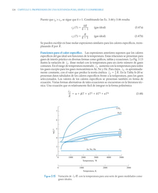 124 CAPITULO 3. PROPIEDADES DE UNA SUSTANCIA PURA, SIMPLE Y COMPRESIBLE
Puesto que cp  cv, se sigue que k  1. Combinando las Ec. 3.44 y 3.46 resulta
(gas ideal) (3.47a)
(gas ideal) (3.47b)
Se pueden escribir en base molar expresiones similares para los calores específicos, reem-
plazando R por .
Funciones para el calor específico. Las expresiones anteriores suponen que los calores
específicos del gas ideal son funciones de la temperatura. Estas relaciones se presentan para
gases de interés práctico en diversas formas como gráficos, tablas y ecuaciones. La Fig. 3.13
ilustra la variación de (base molar) con la temperatura para un cierto número de gases
comunes. En el rango de temperatura mostrado, aumenta con la temperatura para todos
los gases excepto para los gases monoatómicos Ar, Ne y He. Para éstos, es aproximada-
mente constante, con el valor que predice la teoría cinética: En la Tabla A–20 se
presentan datos tabulados de los calores específicos frente a la temperatura, para los gases
seleccionados. Los valores de los calores específicos se presentan también en forma de
ecuación. Varias formas alternativas de tales ecuaciones se encuentran en la literatura téc-
nica. Una ecuación que es relativamente fácil de integrar es la forma polinómica
(3.48)
Figura 3.13 Variación de con la temperatura para una serie de gases modelados como
gases ideales.
cp T
( )
kR
k 1

-------------
-

cv T
( )
R
k 1

-------------
-

R
cp
cp
cp
cp
5
2
--
- R.

cp
R
-----  T T2 T3 T4
   

7
6
5
4
3
2
0
0
1000
1000 2000 3000
2000 3000 4000 5000
cp
R
Temperatura, °R
Temperatura, K
CO2
H2O
O2
CO
H2
Aire
Ar, Ne, He
cp /R
 