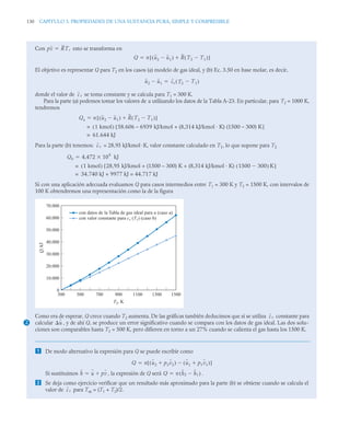 130 CAPITULO 3. PROPIEDADES DE UNA SUSTANCIA PURA, SIMPLE Y COMPRESIBLE
Con esto se transforma en
El objetivo es representar Q para T2 en los casos (a) modelo de gas ideal, y (b) Ec. 3.50 en base molar, es decir,
donde el valor de se toma constante y se calcula para T1 = 300 K.
Para la parte (a) podemos tomar los valores de u utilizando los datos de la Tabla A-23. En particular, para T2 = 1000 K,
tendremos
Para la parte (b) tenemos: = 28,95 kJ/kmol ·K, valor constante calculado en T1, lo que supone para T2
Si con una aplicación adecuada evaluamos Q para casos intermedios entre T1 = 300 K y T2 = 1500 K, con intervalos de
100 K obtendremos una representación como la de la figura
Como era de esperar, Q crece cuando T2 aumenta. De las gráficas también deducimos que si se utiliza constante para
calcular , y de ahí Q, se produce un error significativo cuando se compara con los datos de gas ideal. Las dos solu-
ciones son comparables hasta T2 = 500 K, pero difieren en torno a un 27% cuando se calienta el gas hasta los 1500 K.
 De modo alternativo la expresión para Q se puede escribir como
Si sustituimos , la expresión de Q será .
 Se deja como ejercicio verificar que un resultado más aproximado para la parte (b) se obtiene cuando se calcula el
valor de para Tm = (T1 + T2)/2.
pv RT,

Q n u2 u1

( ) R T2 T1

( )

[ ]

u2 u1
 cv T2 T1

( )

cv
Qa n u2 u1

( ) R T2 T1

( )

[ ]

1 kmol
( ) 58.606 – 6939 kJ/kmol + (8,314 kJ/kmol · K) (1500 – 300) K
[ ]
=
61.644 kJ
=
cv
Qb 4,472 10
4
kJ


1 kmol
( ) 28,95 kJ/kmol + (1500 – 300) K + (8,314 kJ/kmol · K) 1500 300

( ) K
[ ]
=
34.740 kJ + 9977 kJ = 44.717 kJ
=
300 500 700 900 1100 1300 1500
T2, K
70.000
60.000
50.000
40.000
30.000
20.000
10.000
0
Q,
kJ
con datos de la Tabla de gas ideal para u (caso a)
con valor constante para cv (T1) (caso b)
2
cv
u
Q n u2 p2v2

( ) u1 p1v1

( )

[ ]

h u pv

 Q n h2 h1

( )

cv
 