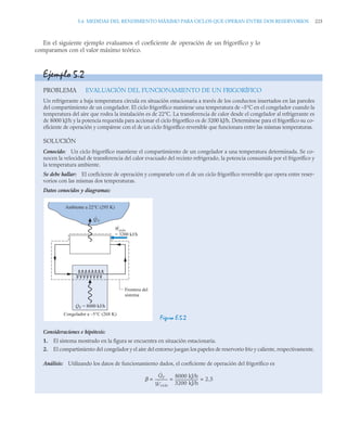 5.6 MEDIDAS DEL RENDIMIENTO MÁXIMO PARA CICLOS QUE OPERAN ENTRE DOS RESERVORIOS 225
En el siguiente ejemplo evaluamos el coeficiente de operación de un frigorífico y lo
comparamos con el valor máximo teórico.
Ejemplo 5.2
PROBLEMA EVALUACIÓN DEL FUNCIONAMIENTO DE UN FRIGORÍFICO
Un refrigerante a baja temperatura circula en situación estacionaria a través de los conductos insertados en las paredes
del compartimiento de un congelador. El ciclo frigorífico mantiene una temperatura de –5°C en el congelador cuando la
temperatura del aire que rodea la instalación es de 22°C. La transferencia de calor desde el congelador al refrigerante es
de 8000 kJ/h y la potencia requerida para accionar el ciclo frigorífico es de 3200 kJ/h. Determínese para el frigorífico su co-
eficiente de operación y compárese con el de un ciclo frigorífico reversible que funcionara entre las mismas temperaturas.
SOLUCIÓN
Conocido: Un ciclo frigorífico mantiene el compartimiento de un congelador a una temperatura determinada. Se co-
nocen la velocidad de transferencia del calor evacuado del recinto refrigerado, la potencia consumida por el frigorífico y
la temperatura ambiente.
Se debe hallar: El coeficiente de operación y compararlo con el de un ciclo frigorífico reversible que opera entre reser-
vorios con las mismas dos temperaturas.
Datos conocidos y diagramas:
Figura E.5.2
Consideraciones e hipótesis:
1. El sistema mostrado en la figura se encuentra en situación estacionaria.
2. El compartimiento del congelador y el aire del entorno juegan los papeles de reservorio frío y caliente, respectivamente.
Análisis: Utilizando los datos de funcionamiento dados, el coeficiente de operación del frigorífico es
Congelador a –5°C (268 K)
Frontera del
sistema
Ambiente a 22°C (295 K)
Q
·
C
Q
·
F = 8000 kJ/h
W
·
ciclo
= 3200 kJ/h
β
Q̇F
Ẇciclo
-------------
-
8000 kJ/h
3200 kJ/h
-------------------------
- 2 5
,
= = =
 