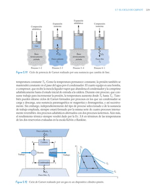 5.7 EL CICLO DE CARNOT 229
temperatura constante TF. Como la temperatura permanece constante, la presión también se
mantendrá constante en el paso del agua por el condensador. El cuarto equipo es una bomba,
o compresor, que recibe la mezcla líquido–vapor que abandona el condensador y la comprime
adiabáticamente hasta el estado inicial de entrada a la caldera. Durante este proceso, que con-
sume trabajo para incrementar la presión, la temperatura aumenta desde TF hasta TC. Tam-
bién pueden idearse ciclos de Carnot formados por procesos en los que un condensador se
carga y descarga, una sustancia paramagnética se magnetiza y desmagnetiza, y así sucesiva-
mente. Sin embargo, independientemente del tipo de proceso seleccionado o de la sustancia
de trabajo empleada, siempre estará formado por la misma serie de cuatro procesos interna-
mente reversibles: dos procesos adiabáticos alternados con dos procesos isotermos. Aún más,
el rendimiento térmico siempre vendrá dado por la Ec. 5.8 en términos de las temperaturas
de los dos reservorios evaluadas en la escala Kelvin o Rankine.
Figura 5.11 Ciclo de potencia de Carnot realizado por una sustancia que cambia de fase.
Figura 5.12 Ciclo de Carnot realizado por un gas en un dispositivo cilindro–pistón.
Gas
Boundary
Base
térmicamente
aislada
Proceso 1–2 Proceso 2–3 Proceso 3–4 Proceso 4–1
Base
térmicamente
aislada
Compresión
adiabática
Compresión
isoterma
Expansión
isoterma
Expansión
adiabática
QC QF
Foco caliente
TC
Foco frío
TF
p
v
TF
TF
TC
1
TC
2
3
4
Foco frío, TF
QC
QF
Foco caliente, TC
Caldera
Condensador
Turbina
Bomba
4 1
3 2
Trabajo Trabajo
 