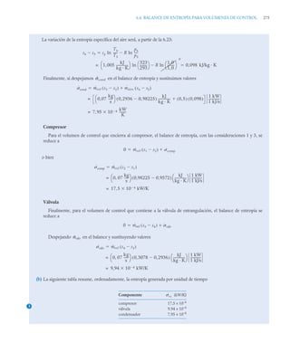6.6 BALANCE DE ENTROPÍA PARA VOLÚMENES DE CONTROL 275
La variación de la entropía específica del aire será, a partir de la 6.23:
Finalmente, si despejamos en el balance de entropía y sustituimos valores
Compresor
Para el volumen de control que encierra al compresor, el balance de entropía, con las consideraciones 1 y 3, se
reduce a
o bien
Válvula
Finalmente, para el volumen de control que contiene a la válvula de estrangulación, el balance de entropía se
reduce a
Despejando en el balance y sustituyendo valores
(b) La siguiente tabla resume, ordenadamente, la entropía generada por unidad de tiempo
s6 s5
 cp
T6
T5
-----
- R
p6
p5
----
-
ln

ln

1 005
kJ
kg K
---------------
-
,
⎝ ⎠
⎛ ⎞ 323
293
---------
-
⎝ ⎠
⎛ ⎞ R
1 0
,
1 0
,
--------
-
⎝ ⎠
⎛ ⎞
0
ln

ln
= 0 098 kJ/kg K
,

σ̇cond
˙cond ṁref s3 s2

( ) ṁaire s6 s5

( )


0 07
kg
s
------
,
⎝ ⎠
⎛ ⎞ 0 2936 0 98225
,

,
( )
kJ
kg K
---------------
- 0 5
,
( ) 0 098
,
( )

1 kW
1 kJ/s
--------------
-
=
7 95 10 4
 kW
K
---------

,
=
0 ṁref s1 s2

( ) ˙
 comp

˙comp ṁref s2 s1

( )

0 07
kg
s
-----
-
,
⎝ ⎠
⎛ ⎞ 0,98225 0,9572

( )
kJ
kg · K
---------------
⎝ ⎠
⎛ ⎞ 1 kW
1 kJ/s
-------------
-
=
17 5 10 4

 kW/K
,
=
0 ṁref s3 s4

( ) ˙ válv


σ̇válv
˙válv ṁref s4 s3

( )

0 07
kg
s
------
,
⎝ ⎠
⎛ ⎞ 0 3078 0 2936
,

,
( )
kJ
kg · K
---------------
⎝ ⎠
⎛ ⎞ 1 kW
1 kJ/s
-------------
-
=
9 94 10 4
 kW/K

,
=
3
Componente (kW/K)
compresor
válvula
condensador
17,5 × 10–4
9,94 × 10–4
7,95 × 10–4
˙vc
 