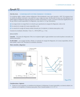 7.2 DEFINICIÓN DE EXERGÍA 319
Ejemplo 7.2
PROBLEMA COMPARACIÓN ENTRE EXERGÍA Y ENERGÍA
Un recipiente rígido y aislado contiene refrigerante 134a inicialmente como vapor saturado a –28ºC. El recipiente tiene
un sistema de paletas conectado a una polea de la que cuelga una masa. Al descender la masa una cierta distancia, las
paletas agitan el refrigerante hasta que alcanza un estado cuya presión es 1,4 bar. Las únicas variaciones significativas son
las que sufren la masa suspendida y el refrigerante, cuya masa es 1,11 kg. Determínese.
(a) la exergía inicial, la exergía final y la variación que experimenta la exergía del refrigerante, todas en kJ.
(b) la variación de exergía de la masa suspendida, en kJ.
(c) la variación de exergía del sistema aislado formado por el recipiente y el sistema masa-polea, en kJ.
Comente los resultados obtenidos. Tome T0 = 293 K (20ºC), p0 = 1 bar.
SOLUCIÓN
Conocido: Una masa de refrigerante 134a en un recipiente rígido se agita mediante una rueda de paletas conectada a un
sistema masa-polea.
Se debe hallar: Las exergías iniciales y finales y la variación de exergía del refrigerante, de la masa suspendida y del sis-
tema aislado, todos en kJ. Discútase los resultados obtenidos.
Datos conocidos y diagramas:
Figura E.7.2
Consideraciones e hipótesis:
1. Como se ve en el esquema, se consideran tres sistemas: el refrigerante, la masa suspendida y un sistema aislado con-
sistente en el recipiente y el sistema masa-polea. Para el sistema aislado: Q = 0, W = 0.
Sistema aislado
Q = W = 0
Vapor saturado
inicialmente a –28°C.
p2 = 1,4 bar
T0 = 293 K, p0 = 1 bar
z
inicial
masa
Refrigerante 134a
mR = 1,11 kg
final
masa
T
v
–28°C
20°C
2
1
1,4 bar
Vapor
saturado
1,0 bar
0,93 bar
0
Estado
muerto
 