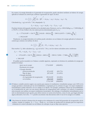 344 CAPITULO 7. ANÁLISIS EXERGÉTICO
En cuanto a la exergía destruida en el generador de recuperación, puede calcularse mediante un balance de exergía
aplicado al volumen de control que contiene el generador de vapor. Es decir
Calculando (af3 – af4) con la Ec. 7.36 y despejando
El primer término del segundo miembro se ha calculado antes. Entonces, con h4 = 2822,8 kJ/kg y s4 = 7,2582 kJ/kg·K
a 178,9ºC, 2,76 bar (Tabla A-4) y los valores previos determinados para h3 y s3
Finalmente, la exergía destruida en la turbina puede calcularse con un balance de exergía aplicado al volumen de
control que contiene a la turbina. Es decir,
Para resolver debe calcularse (af4 – af5) con la Ec. 7.36 y, con los valores calculados antes, tendremos
El análisis queda resumido en el balance contable siguiente, expresado en términos de cantidades de exergía por
unidad de tiempo:
Aporte neto de exergía: 1774,10kW (100,00%)
Distribución de la exergía:
• Exergía obtenida:
potencia producida 872,4 kW (49,17%)
flujo de agua 207,4 kW (11,69%)
• Exergía destruida
en el generador de recuperación 395,34 kW (22,28%)
en la turbina 298,9 kW (16,85%)
1774,1 kW (100,00%)
(b) El balance contable anterior sugiere una opción para mejorar el rendimiento termodinámico porque casi el 50% de la
exergía aportada es destruida por las irreversibilidades o expulsada por la corriente de agua. Un mejor rendimiento
termodinámico podría obtenerse con un cambio en el diseño. Por ejemplo, podríamos reducir las irreversibilidades
en la transferencia de calor con una menor diferencia de temperaturas entre corrientes, y/o reducir el rozamiento
seleccionando una turbina con mayor rendimiento isoentrópico. Sin embargo, el rendimiento termodinámico por sí
solo no determinaría la mejor opción, pues deben tenerse en cuenta otros factores, como el coste, que hagan desechar
alguna alternativa. En la Sec. 7.7.1 pueden encontrarse más discusiones sobre el uso de la exergía en el análisis.
 Otra forma de calcular la destrucción de exergía en los volúmenes de control del generador de recuperación y de la
turbina, consiste en emplear donde es el ritmo de producción de entropía para los respectivos
volúmenes de control calculado con un balance de entropía, lo que se deja como ejercicio.
1
0 1
T0
Tj
-----
-

⎝ ⎠
⎛ ⎞
0
Q̇j
j

 Ẇvc

0
ṁ1
 af1 af2

( ) ṁ3
 af3 af4

( ) Ȧd

Ȧd
Ȧd ṁ1 af1 af2

( ) ṁ3 h3 h4 T0 s3 s4

( )


[ ]


Ȧd 1774,10 kW 124,75
kg
min
----------
- 162,82 – 2822,8
( )
kJ
kg
-----
- 298 K 0,5573 – 7,2582
( )
kJ
kg · K
---------------



395,34 kW
=
0 1
T0
Tj
-----
-

⎝ ⎠
⎛ ⎞
0
j

 Q̇j Ẇvc
 ṁ4 af4 af5

[ ] Ȧd


Ȧd
Ȧd Ẇvc ṁ4 h4 h5 T0 s4 s5

( )


[ ]



872,4 kW + 124,75
kg
min
----------
- 2822,8 – 2403,2
( )
kJ
kg
-----
- 298 K 7,2582 – 7,7406
( )
kJ
kg · K
---------------

1 min
60 s
--------------
-

=
298,9 kW
=
Ȧd T0 ˙vc,
 ˙vc
 