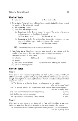 Kinds of Verbs
1. Finite verbs 2. Non-finite verbs
1. Finite Verbs Finite verb has a subject of its own and is limited by the person and
the number of the subject. For example
(i) She is playing Tennis.
(ii) They were watching television.
(a) Transitive Verbs Transit means ‘to move’. The action of transitive
verbs passes over to the object. For example
(i) She writes a letter. (ii) She teaches me.
(b) Intransitive Verbs The action of the intransitive verbs does not pass
over to the object. It goes back to the subject. For example
(i) She cried a lot. (ii) She came on time.
Transitive verbs alone can be used in passive voice.
2. Non-finite Verbs Non-finite verbs are not limited by the person and the
number of any subject. They are used without mentioning any subject.
Non-finite verbs are of three kinds.
(a) Infinitive (b) Gerund (c) Participle
For example
(i) She comes here to study. (ii) We saw them waiting for the bus.
(iii) She likes reciting poems.
Rules of Verbs
Rule I
When two or more subjects are joined by ‘as well as, like, unlike, besides, in
addition to, with, together with, along with, and not, rather than, no less than,
except, nothing but, more (men) than one’, the verb is used according to the first
subject. For example
(i) The director as well as the dancers were honoured by the public.
(Use ‘was’ in place of ‘were’)
(ii) The mother, and not her children have been arrested for committing theft.
(Use ‘has’ in place of ‘have’)
(iii) More men than one were absent yesterday. (Correct)
(iv) Nothing but truth is immortal. (Correct)
(v) My mother no less than my father is strict. (Correct)
Rule II
When two or more subjects are connected by ‘not only-but also, neither-nor,
either-or, none-but’ the verb is according to the nearest subject. For example
(i) Neither the students nor their guide were found present in the common room.
(Use ‘was’ in place of ‘were’).
93
Objective General English
NOTE
 