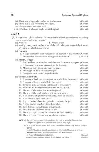 (iv) There were a boy and a teacher in the classroom. (Correct)
(v) There lives a boy who is my best friend. (Correct)
(vi) What evidence are these acts? (Correct)
(vii) What have the boys thought about this plan? (Correct)
Rule X
(A) A singular or a plural verb with the nouns in the following cases is used according
to the sense which they convey.
(a) Number (b) Means, wages
(c) Variety, plenty, rest, deal of, a lot of (lots of), a heap of, two thirds of, most
of, some of, a half of, per cent of.
(a) Number
1. A large number of boys were absent on account of bad weather.(Correct)
2. The number of admissions have gradually fallen off. (Use ‘has’)
(b) Means, Wages
3. She could not continue her study because her means were poor. (Correct)
4. A fair means is always preferable to the foul one. (Correct)
5. Means are more important than the ends. (Correct)
6. The wages in India are quite meagre. (Correct)
7. “Wages of sin is death”, says the Bible. (Correct)
(c) Variety, Plenty etc.
8. A variety of books on the subject are available in the market. (Correct)
9. A variety of food is available in this hotel. (Correct)
10. Plenty of milk is available in this part of the country. (Correct)
11. Plenty of books were donated to the library by him. (Correct)
12. The rest of the lesson has been completed. (Correct)
13. The rest of the students have left for their homes. (Correct)
14. A lot of (lots of) guests were attended upon by the host. (Correct)
15. A lot of work is yet to be done. (Correct)
16. A great deal of labour is required to complete the job. (Correct)
17. A good deal of boys have joined our club. (Correct)
18. Two thirds of the actors are unsuccessful. (Correct)
19. Two thirds of the book is easy to read. (Correct)
20. The seventy per cent of the students are hard working. (Correct)
21. The seventy per cent of our population is poor. (Correct)
(a) But with ‘percentage’ in the subject the verb is singular. For example
The percentage of successful candidates is very high.
(b) A singular verb is used with collective nouns when they denote unity/a
group.
“A set of books, a pair of spectacles, a bouquet of flowers, a kind of.
A series of events, A gang of robbers” etc. For example
(i) A pair of spectacles is broken. (Correct)
(ii) A series of matches is likely to be played next month. (Correct)
96 Objective General English
NOTE
 