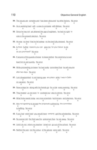 30. The issues are complex and has been obscured by other factors. No error
a b c d e
31. He is working hard with a view to compete with Mohan. No error
a b c d e
32. Since he has not yet attained the age of eighteen, he had no right to
a b c
vote in the present election. No error
d e
33. He was so tired that he fell asleep on the bed fully dressed. No error
a b c d e
34. Is there further reasons you can give me for your failure to do
a b c d
as you promised? No error
e
35. If anyone of the guests choose to leave before the ceremony is over
a b c
lead him to exit quickly. No error
d e
36. While proceeding on leave he had orally committed that he will resume
a b c d
after two days. No error
e
37. I am disappointed in not having saw any place while I was in Delhi
a b c
on vacation. No error
d e
38. Now-a-days he along with his friends go for a ride every evening. No error
a b c d e
39. They treated us not even to cocktails but also to dinner. No error
a b c d e
40. What India needs today are more scientists technicians and planners. No error
a b c d e
41. Him not agreeing to accept the proposals outlined by the committee
a b c
is baffling. No error
d e
42. If you had work hard you would have certainly got the scholarship. No error
a b c d e
43. No sooner did the thief saw the policeman than he ran away. No error
a b c d e
44. Until I do not inform my teacher I shall not go out of the school. No error
a b c d e
45. Neither the size nor the colour of the gloves were right. No error
a b c d e
110 Objective General English
 