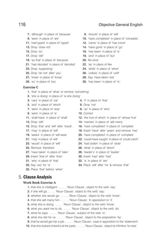 7. ‘although’ in place of ‘because’ 8. ‘should’ in place of ‘will’
9. ‘were’ in place of ‘are’ 10. ‘have completed’ in place of ‘complete‘.
11. ‘had typed’ in place of ‘typed’ 12. ‘came’ in place of ‘has come’
13. Drop ‘does not’ 14. ‘have gone’ in place of ‘go’
15. Drop ‘so’ 16. ‘has been’ in place of ‘is’
17. Drop ‘still’ 18. ‘and’ in place of ‘but’
19. ‘so that’ in place of ‘because’ 20. No error
21. ‘had decided’ in place of ‘decided’ 22. ‘as’ in place of like
23. Drop ‘supposing’ 24. ‘while’ in place of ‘when’
25. Drop ‘do not’ after ‘you’ 26. ‘unless’ in place of ‘until’
27. ‘knew’ in place of ‘know’ 28. Say ‘have taken rest’
29. ‘so’ in place of ‘too’ 30. ‘has been’ in place of ‘is’.
Exercise C
1. ‘that’ in place of ‘what’ or remove ‘something’
2. ’she is doing’ in place of ‘is she doing’
3. ‘cars’ in place of ‘car’ 4. ‘if’ in place of ‘that’
5. ‘and’ in place of ‘which’ 6. Drop ‘not’
7. ‘were’ in place of ‘was’ 8. ‘as’ in place of ‘who’
9. ‘were’ in place of ‘is’ 10. Correct
11. ‘shall have’ in place of ‘shall’ 12. ‘the fruit of which’ in place of ‘whose fruit’
13. Drop ‘still’ 14. ‘marries’ in place of ‘will marry’
15. Drop ‘that’ and ‘will’ after ‘result’. 16. ‘have completed’ in place of ‘complete’
17. ‘may’ in place of ‘will’ 18. Insert ‘have’ after ‘years’ and remove ‘has’
19. ‘wears’ in place of ‘will wear’ 20. ‘have completed’ in place of ‘complete’
21. ‘may’ in place of ‘will’ 22. ‘could have caught’ in place of ‘could catch’
23. ‘would’ in place of ‘will’ 24. ‘had stolen’ in place of ‘stole’
25. Remove ‘therefore’ 26. ‘what’ in place of ‘which’
27. ‘have taken’ in place of ‘take’ 28. ‘leader‘s’ in place of ‘leader’
29. Insert ‘that of’ after ‘than’ 30. Insert ‘had’ after ‘had’
31. ‘why’ in place of ‘that’ 32. ‘is’ in place of ‘are’
33. Say ‘are’ for ‘is’ 34. Place ‘will’ after ‘he’ & remove ‘that’
35. Place ‘that’ before ‘when’
5. Clause Analysis
Work Book Exercise A
1. that she is intelligent ………‘Noun Clause’, object to the verb ‘say’.
2. if she will go………‘Noun Clause’, object to the verb ‘say’.
3. whether she would go ………‘Noun Clause’, object to the verb ‘know’.
4. that she will marry him ………‘Noun Clause’, In apposition to ‘it’.
5. what she is doing ………‘Noun Clause’, object to the verb ‘know’.
6. what you want me to do ………‘Noun Clause’, object to the verb ‘do’.
7. what he says ………‘Noun Clause’, subject of the verb ‘is’.
8. what she did for us ………‘Noun Clause’, object to the preposition ‘by’.
9. that he would get her a job ………‘Noun Clause’, case in apposition to the ‘statement’.
10. that she looked cheerful at the party ………‘Noun Clause’, object to infinitive ‘to note’.
116 Objective General English
 