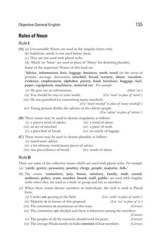 Rules of Noun
Rule I
(A) (a) Uncountable Nouns are used in the singular forms only.
(b) Indefinite article is not used before them.
(c) They are not used with plural verbs.
(d) ‘Much’ or ‘Some’ are used in place of ‘Many’ for denoting plurality.
Some of the important Nouns of this kind are
‘Advice, information, hair, luggage, business, work, word (in the sense of
promise, message, discussion) mischief, bread, scenery, abuse, vacation,
evidence, employment, alphabet, poetry, food, furniture, baggage, fuel,
paper, equipment, machinery, material etc’. For example
(i) He gave me an information. (Omit ‘an’)
(ii) You should be true to your words. (Use ‘word’ in place of ‘words’)
(iii) He was punished for committing many mischiefs.
(Use ‘much mischief’ in place of ‘many mischiefs’)
(iv) Young persons dislike the advices of the elderly people.
(Use ‘advice’ in place of ‘advices’)
(B) These nouns may be used to denote singularity as follows
(i) a piece/a word of advice. (ii) a word of abuse
(iii) an act of mischief. (iv) a piece of work.
(v) a piece/loaf of bread. (vi) an article of luggage.
(C) These nouns may be used to denote plurality as follows
(i) much/some advice.
(ii) a lot of/many words/many pieces of advice.
(iii) two pieces/loaves of bread. (iv) words of abuse.
Rule II
There are some of the collective nouns which are used with plural verbs. For example
(a) ‘cattle, gentry, peasantry, poultry, clergy, people, majority, folk.’
(b) The nouns ‘committee, jury, house, ministry, family, mob, crowd,
audience, police, team, number, board, staff, public’ are used with singular
verbs when they are used as a body or group and not as members.
(c) When these nouns denote members or individuals, the verb is used in Plural
form.
(i) Cattles are grazing in the field. (Use ‘cattle’ in place of ‘cattles’)
(ii) Majority is in favour of this proposal. (Use ‘are’ in place of ‘is’)
(iii) The committee is unanimous on this issue. (Correct)
(iv) The committee are divided and there is bitterness among the members.
(Correct)
(v) The peoples of all the countries should work for peace. (Correct)
(vi) The average Hindu family in India consists of four members. (Correct)
135
Objective General English
 