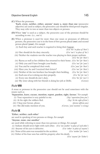 (C) When the pronouns
‘Each, every, neither, either, anyone’ many a, more than one (possessive
adjective) are used as subject, the possessive case should be third person singular.
They may refer to two or more than two objects or persons.
(D) When ‘one’ is used as a subject, the possessive case of the pronoun should be
according to one. (i.e., one’s)
(E) When a pronoun is used for more than one noun or pronouns of different
persons, the possessive case is in the form of first person plural (our) and second
person plural (your). For example
(i) Each boy and each teacher is required to bring their luggage.
(Use ‘his’ in place of ‘their’)
(ii) One should do his duty sincerely. (Use ‘one’s’ in place of ‘his’)
(iii) Neither the students nor-the teacher was playing in their proper uniform.
(Use ‘his’ for ‘their‘)
(iv) Reena as well as her children has returned to their home. (Use ‘her’ for ‘their’)
(v) Only you and I have brought your books. (Use ‘our’ for ‘your’)
(vi) You and he completed their work. (Use ‘your’ for ‘their’)
(vii) Have you, he and I received their letters? (Use ‘our’ for ‘their’)
(viii) Neither of the two brothers has brought their bedding. (Use ‘his’ for ‘their’)
(ix) Each one of us is doing our duty properly. (Use ‘his’ for ‘our’)
(x) Every one should do one’s duty. (Use ‘his’ for ‘one’s’)
(xi) My sister along with her friends is doing her job at Delhi. (Correct)
Rule VIII
A noun or pronoun in the possessive case should not be used sometimes with the
nouns such as
‘Separation, leave, excuse, mention, report, pardon, sight, favour.’ For example
(i) Your separation is very painful to me. (Say ‘separation from you’)
(ii) At his sight the robbers fled. (Say ‘At the sight of him’)
(iii) I beg your favour, please. (favour of/from you)
(iv) She did make mention of you. (Correct, ‘your mention’ is wrong)
Rule IX
‘Either, neither, each other’
are used in speaking of two persons or things. For example
‘Anyone, none, one another’
are used while referring to more than two persons or things. For example
(i) Indians should never fight with each other. (Use ‘one another’ in place of ‘each other’)
(ii) Anyone of his eyes is defective. (Use ‘either’ in place of ‘anyone’)
(iii) None of his arms was wounded in the accident. (Use ‘neither’ for ‘none’)
(iv) Either of his four sons has sold his property after his death.
(Use ‘anyone’ for ‘Either’)
145
Objective General English
 