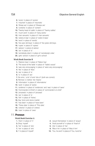 6. ‘score’ in place of ‘scores’
7. ‘mischief’ in place of ‘mischiefs’
8. ‘Sheep are’ in place of ‘Sheeps are’
9. ‘contents’ in place of ‘content’
10. ‘Twenty head of cattle’ in place of ‘Twenty cattles’
11. ‘much work’ in place of ‘many works’
12. ‘men servants’ in place of ‘man servants’
13. ‘sisters-in-law’ in place of ‘sister-in-laws’
14. ‘word’ in place of ‘words’
15. ‘five year old boys’ in place of ‘five years old boys.
16. ‘rupee’ in place of ‘rupees’
17. ‘advice’/ ‘a piece of advice’
18. ’are’ in place of ‘is’
19. ‘somebody else’s’ in place of ‘somebody’s else’
20. ‘girls’ school’ in place of ‘girl’s school’
Work Book Exercise B
1. ‘Rations have’ in place of ‘Ration has’
2. ‘The wood of the table’ in place of ‘Table’s wood’
3. ‘was very encouraging’ in place of ‘were very encouraging’
4. ‘like’ in place of ‘likes’
5. ‘are’ in place of ‘is’
6. ‘is’ in place of ‘are’
7. No error, ‘a lot’ of and ‘lots of’ (both are correct)
8. Remove ‘a’ before ‘fair means’
9. ‘information’ in place of ‘informations’
10. ‘work’ in place of ‘works’
11. ‘evidence’ in place of ‘evidences’ and ‘was’ in place of ‘were’
12. ‘Commander-in-Chief’s in place of ‘commander’s-in-chief’
13. ‘proceeds’ in place of ‘proceed’
14. ‘are’ in place of ‘is’
15. ‘fish’ in place of ‘fishes’
16. Say ‘brick and stone marble’
17. ‘has been’ in place of ‘have been’
18. ‘These data’ in place of ‘This data’
19. ‘criterion’ in place of ‘criteria’
20. ‘oxen’ in place of ‘oxes’
11. Pronoun
Work Book Exercise A
1. ‘them’ in place of ‘it’ 2. ‘acquit themselves’ in place of ‘acquit’
3. Drop ‘myself’ 4. ‘Avail yourself of’ in place of ‘Avail of’
5. ‘her’ in place of ‘she’ 6. ‘she’ in place of ‘her’
7. ‘her’ in place of ‘she’ 8. ‘Was it he’ in place of ‘Was it him’
9. ‘I’ in place of ‘myself’ 10. ‘You, he and I’ in place of ‘You, I and he’
154 Objective General English
 
