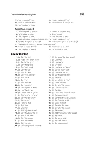 11. ‘his’ in place of ‘their’ 12. ‘those’ in place of ‘they’
13. ‘your’ in place of ‘their’ 14. ‘and’ in place of ‘as well as’
15. ‘has’ in place of ‘have’
Work Book Exercise B
1. ‘What’ in place of ‘which’ 2. ‘whom’ in place of ‘who’
3. ‘as’ in place of ‘who’ 4. Drop ‘himself’
5. ‘that’ in place of ‘who’ 6. ‘that’ in place of ‘who’
7. ‘origin of which’ in place of ‘whose origin’ 8. ‘those’ in place of ‘they’
9. ‘isn’t he ?’ in place of ‘isn’t it?’ 10. ‘did they?’ in place of ‘didn’t they?’
11. ‘separation from you’ in place of ‘your separation’
12. ‘which’ in place of ‘who’ 13. ‘that’ in place of ‘who’
14. ‘that’ in place of ‘which’ 15. ‘as’ in place of ‘that’
Review Exercise
1. (a) Say ‘this kind’ 2. (d) ‘his arrival’ for ‘their arrival’
3. (a) Place ‘The’ before ‘book’ 4. (d) Use ‘they’
5. (c) Say ‘he’ for ‘you’ 6. (d) Use ‘one’s’
7. (d) Say ‘their picnic’ 8. (c) Say ‘seat’
9. (b) Say ‘had been I’ 10. (b) Use ‘who’ for ‘whom’
11. (d) Say ‘the flue’ 12. (b) Say ‘so much work’
13. (b) Say ‘Mohan’s’ 14. (a) Use ‘while’ for ‘in’
15. (d) Say ‘in its attempt’ 16. (d) Say ‘his contribution’
17. (d) Say ‘than I’ 18. (d) Say ‘me’
19. (b) Say ‘you’ 20. (a) say ‘which’ for ‘who’
21. (d) Say ‘won’t we’ 22. (c) Delete ’brother’
23. (c) Say ‘countries’ 24. (c) Say ‘who’ for ‘whom’
25. (d) Say ‘anyone of them’ 26. (d) Use ‘and’ for ‘or’
27. (a) Use ‘The’ for ‘A’ 28. (d) Say ‘his’
29. (d) Correct form is ‘yours’ 30. (b) Delete ‘the’ before ’Kalidas’
31. (d) Say ‘other’s’ for ‘other’ 32. (d) Say ‘weren’t they’
33. (c) Say ‘that’ or ‘which’ 34. (d) Say ‘than those of Ministers’
35. (c) Say ‘orders’ 36. (a) Say Gopalan and I.
37. (b) Remove ‘that’ 38. (b) Delete ‘himself’
39. (d) Say ‘their’ 40. (d) Say ‘him’ for ‘them‘
41. (b) Omit ‘he’ 42. (c) Say ‘who’ for ‘whom’
43. (d) Say ‘enjoyed himself’ 44. (b) Say ‘whom’
45. (d) Say ‘they/these’ for ‘it’ 46. (c) Add ‘themselves’ after ‘adapt’
47. (d) Say ‘its’ for ‘their’ 48. (c) Say ‘of us’
49. (d) Say ‘the greater’ 50. (b) Say ‘go to bed’
51. (b) Say ‘the Greeks’ 52. (a) Say ‘The person’
53. (b) Say ‘the only’ 54. (b) Say ‘recommend’
55. (d) Say ‘a singer and scientist’
155
Objective General English
 
