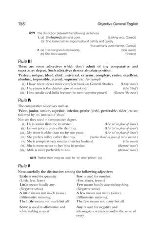 The distinction between the following sentences
1. (a) She looked calm and quiet. (Linking verb, Correct)
(b) She looked at her angry husband calmly and quietly.
(In a calm and quiet manner, Correct)
2. (a) The mangoes taste sweetly. (Use sweet)
(b) She talks sweetly. (Correct)
Rule III
There are some adjectives which don’t admit of any comparative and
superlative degree. Such adjectives denote absolute position.
‘Perfect, unique, ideal, chief, universal, extreme, complete, entire, excellent,
absolute, impossible, eternal, supreme’ etc. For example
(i) I have never seen a more complete book on General Studies. (Drop ‘more’)
(ii) Happiness is the chiefest aim of mankind. (Use ‘chief’)
(iii) How can divided India become the most supreme power? (Remove ‘the most’)
Rule IV
The comparative adjectives such as
‘Prior, junior, senior, superior, inferior, prefer (verb), preferable, elder’ etc are
followed by ‘to’ instead of ‘than’.
Nor are they used in comparative degree.
(i) He is senior than me in service. (Use ‘to’ in place of ‘than’)
(ii) Lemon juice is preferable than tea. (Use ‘to’ in place of ‘than’)
(iii) My sister is elder than me by two years. (Use ‘to’ in place of ‘than’)
(iv) She prefers coffee rather than tea. (‘rather than’ in place of ‘to’ is correct.)
(v) She is comparatively smarter than her husband. (Use smart)
(vi) She is more senior to her boss in service. (Remove ‘more’)
(vii) Milk is more preferable to tea. (Remove ‘more’)
‘Rather than’ may be used for ‘to’ after ‘prefer’. (iv)
Rule V
Note carefully the distinction among the following adjectives
Little is used for quantity. Few is used for number.
(Little, less, least) (Few, fewer, fewest)
Little means hardly any. Few means hardly anyone/anything.
(Negative sense) (Negative sense)
A little means not much (some). A few means not many (some).
(Affirmative meaning) (Affirmative meaning)
The little means not much but all. The few means not many but all.
Some is used in affirmative and Any is used for negative and
while making request interrogative sentences and in the sense of
every
158 Objective General English
NOTE
NOTE
 